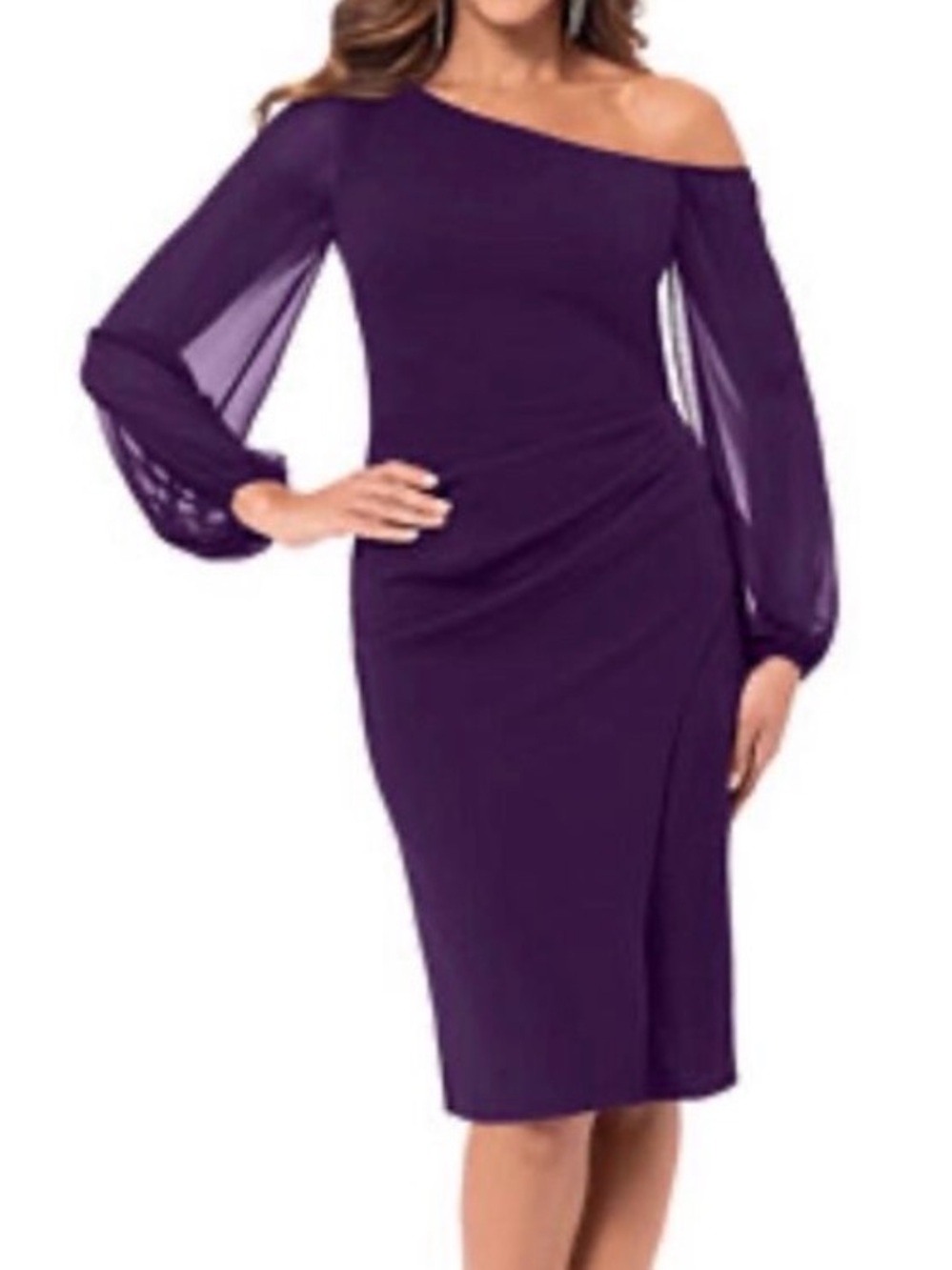 Betsy & Adam One-Shoulder Plum Sheath Dress with Sheer Bishop Sleeve